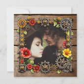 Red Metal Flowers Steampunk Gepersonaliseerde Wedd Save The Date (Voorkant)