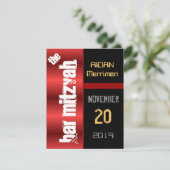 Red Metallic Black Bat Mitzvah Bar Mitzvah Kaart (Staand voorkant)
