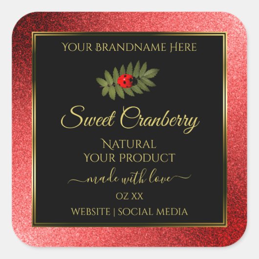 Red Metallic Glitter Black Product Labels Ladybug (Voorkant)