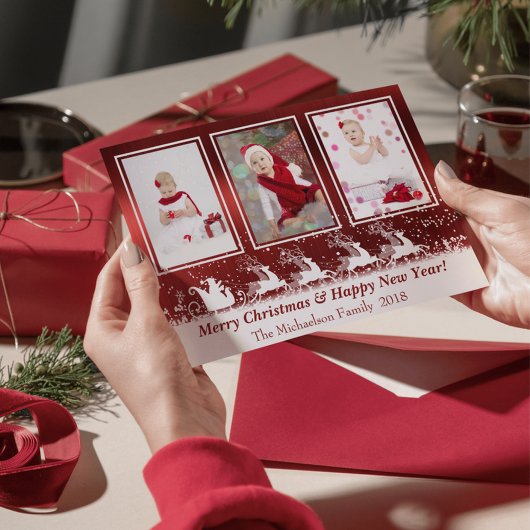 Red Metallic Santa Snow-kerstkaart Feestdagenkaart