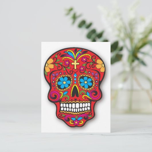 Red Mexican Sugar Skull Day of the Dead Briefkaart (Staand voorkant)