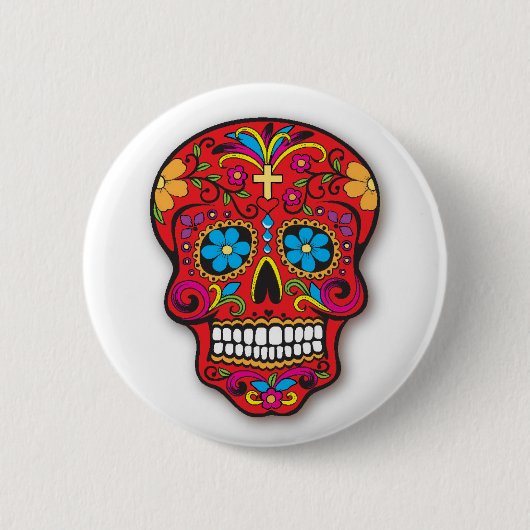 Red Mexican Sugar Skull Day of the Dead Ronde Button 5,7 Cm (Voorkant)