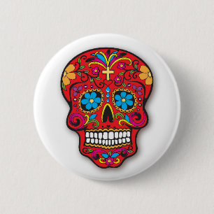 Red Mexican Sugar Skull Day of the Dead Ronde Button 5,7 Cm