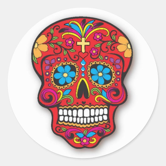 Red Mexican Sugar Skull Day of the Dead Ronde Sticker (Voorkant)
