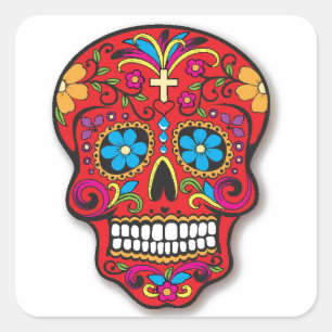Red Mexican Sugar Skull Day of the Dead Vierkante Sticker
