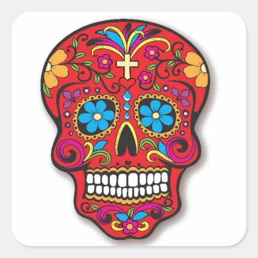 Red Mexican Sugar Skull Day of the Dead Vierkante Sticker (Voorkant)