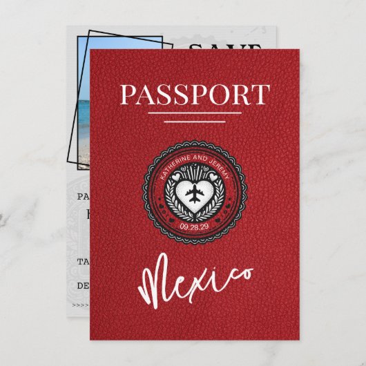 Red Mexico Passport Bewaar de datum Save The Date (Voorkant / Achterkant)