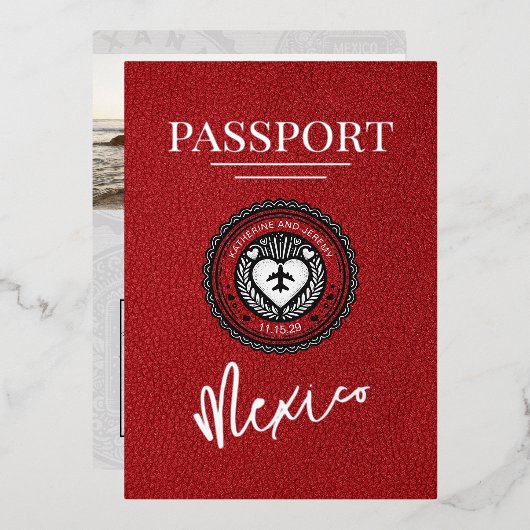 Red Mexico Passport Wedding Folie Uitnodiging (Voorkant / Achterkant)