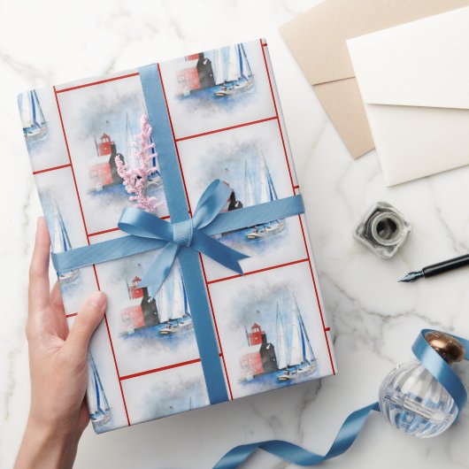 Red Michigan Lighthouse met Sailboot Cadeaupapier (Geschenken)