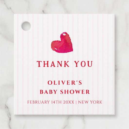Red Minimal Heart Stripe Baby shower Dank u Bedankjes Labels (Voorkant)