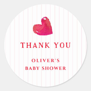 Red Minimal Heart Stripe Baby shower Dank u Ronde Sticker
