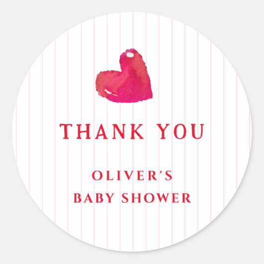 Red Minimal Heart Stripe Baby shower Dank u Ronde Sticker (Voorkant)