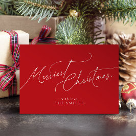 Red Minimalist Elegant Script Merriest Christmas Feestdagenkaart