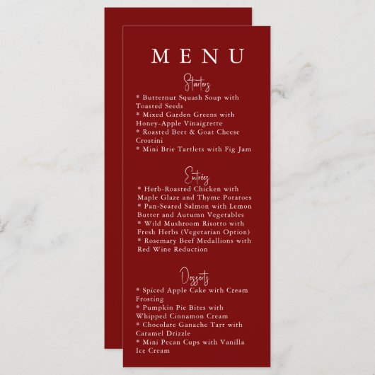 Red Minimalist Modern Wedding Menu (Voorkant / Achterkant)