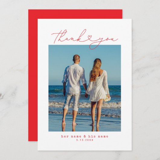 Red | Minimalistische Eenvoudig Script Hart Weddin Bedankkaart (Voorkant / Achterkant)