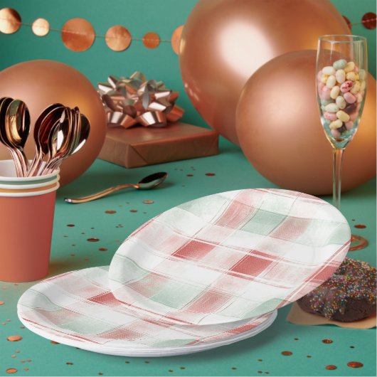 Red Mint Peppermint Mocha Plaid Stripes Christmas Papieren Bordje (Multi)