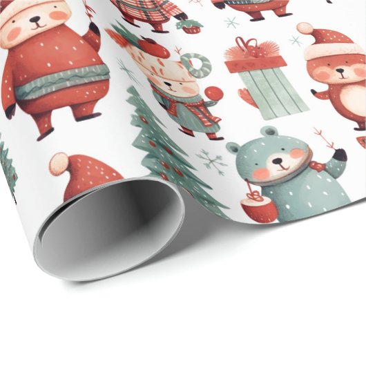 Red Mint Rendier Beer Santa Pattern Christmas Cadeaupapier (Rol Hoek)