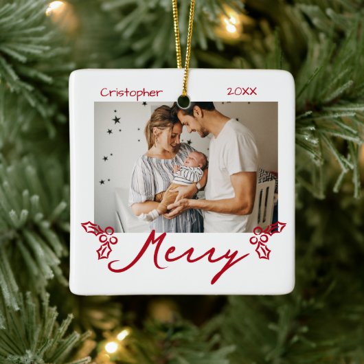 Red Mistletoe Doodles 2 Photos Merry Keramisch Ornament (Boom)
