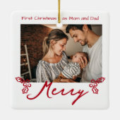 Red Mistletoe Doodles 2 Photos Merry Keramisch Ornament (Achterkant)