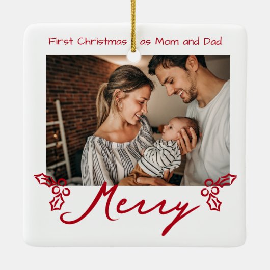 Red Mistletoe Doodles 2 Photos Merry Keramisch Ornament (Achterkant)