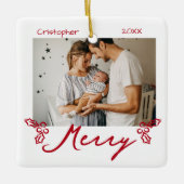 Red Mistletoe Doodles 2 Photos Merry Keramisch Ornament (Voorkant)