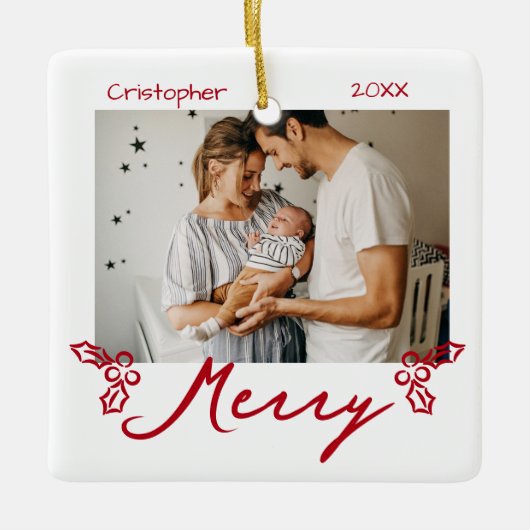 Red Mistletoe Doodles 2 Photos Merry Keramisch Ornament (Voorkant)