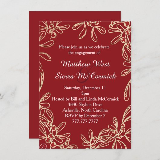 Red Mistletoe Holiday Engagement Party Kaart (Voorkant / Achterkant)