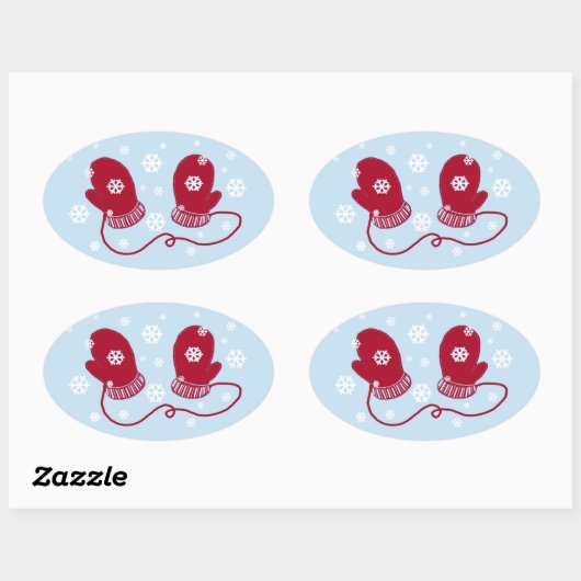 Red Mittens en Snowflakes Ovale Sticker (Vel)