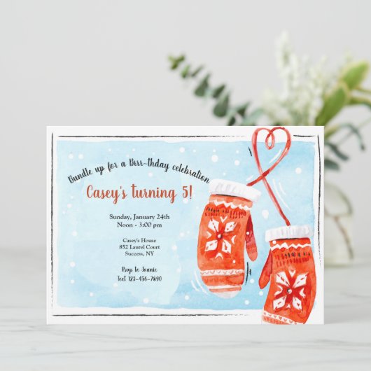 Red Mittens Verjaardagsfeestuitnodiging Kaart (Staand voorkant)