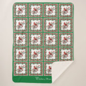 Red Mockingbird Poinsettia Borders Groen Aangepast Sherpa Deken (Voorkant)