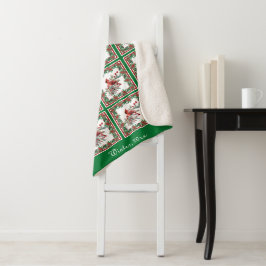 Red Mockingbird Poinsettia Borders Groen Aangepast Sherpa Deken