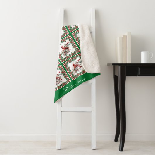 Red Mockingbird Poinsettia Borders Groen Aangepast Sherpa Deken (In situ)