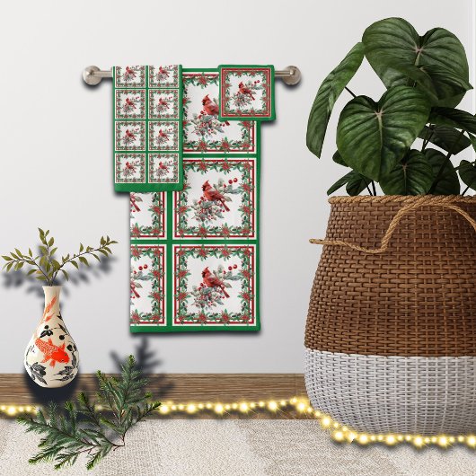 Red Mockingbird Poinsettia Borders Groen Bad Handdoek
