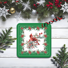 Red Mockingbird Poinsettia Borders Groen Bier Onderzetter