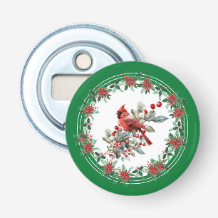Red Mockingbird Poinsettia Borders Groen Button Flesopener