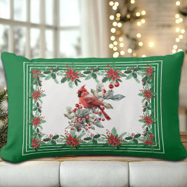 Red Mockingbird Poinsettia Borders Groen Kussen
