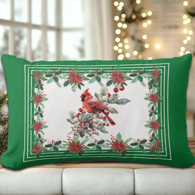 Red Mockingbird Poinsettia Borders Groen Kussen (Creator heeft geüpload)