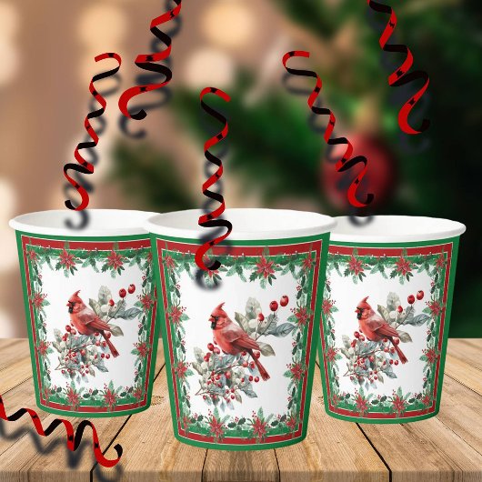 Red Mockingbird Poinsettia Borders Groen Papieren Bekers