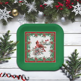 Red Mockingbird Poinsettia Borders Groen Papieren Bordje