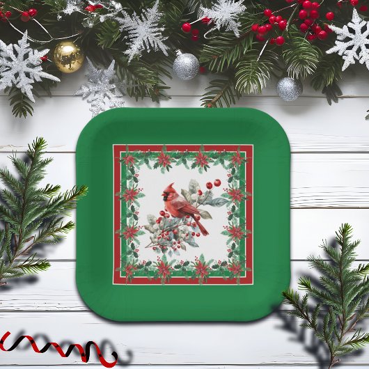 Red Mockingbird Poinsettia Borders Groen Papieren Bordje