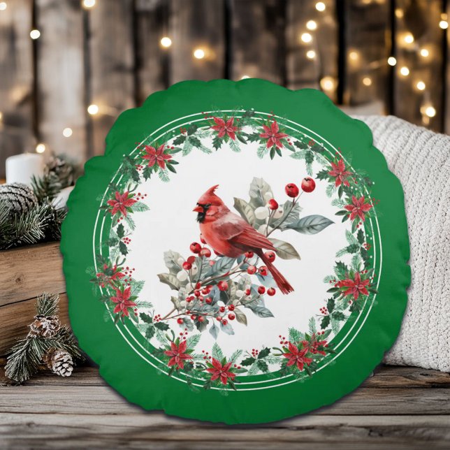 Red Mockingbird Poinsettia Borders Groen Rond Kussen (Creator heeft geüpload)