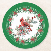 Red Mockingbird Poinsettia Borders Groen Ronde Kartonnen Onderzetter (Voorkant)