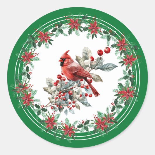 Red Mockingbird Poinsettia Borders Groen Ronde Sticker (Voorkant)