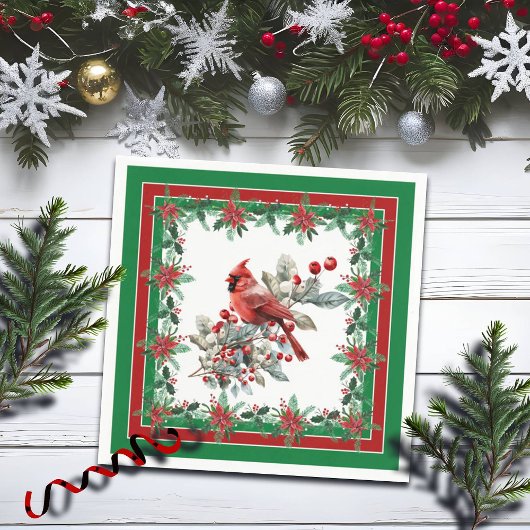 Red Mockingbird Poinsettia Borders Groen Servet