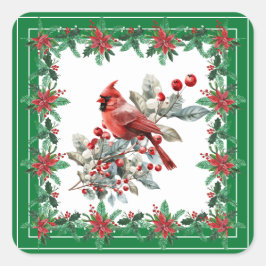 Red Mockingbird Poinsettia Borders Groen Vierkante Sticker