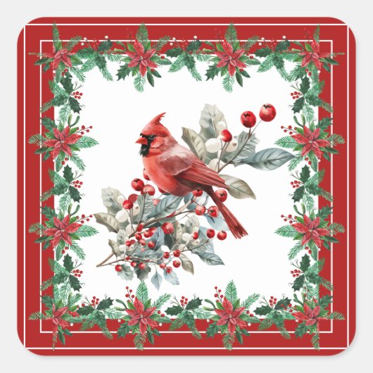 Red Mockingbird Poinsettia grenzen elegant Vierkante Sticker (Voorkant)