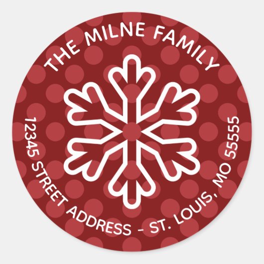 Red Mod Stippen Snowflake - Cirkel retouradres Ronde Sticker (Voorkant)