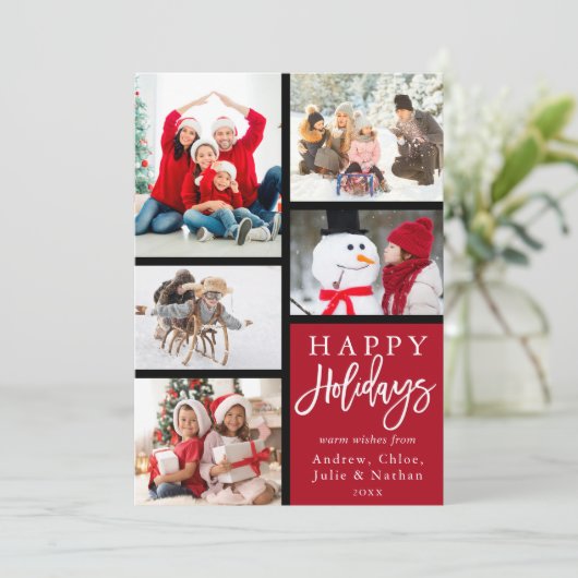 Red Modern 5 Photo Collage Kerstmis Feestdagenkaart (Staand voorkant)