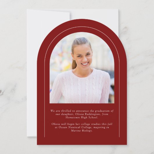 Red Modern Arch 2 Foto Afstuderen Aankondiging (Achterkant)