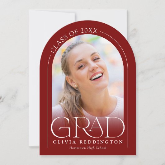 Red Modern Arch 2 Foto Afstuderen Aankondiging (Voorkant)